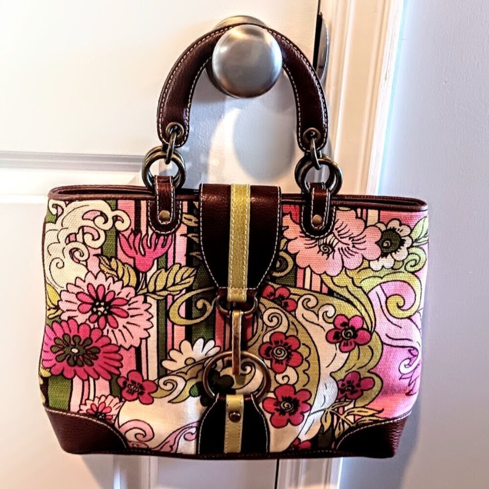 Isabella Fiore Pink Green Floral Canvas Brown Pebbled Leather Trim Bag